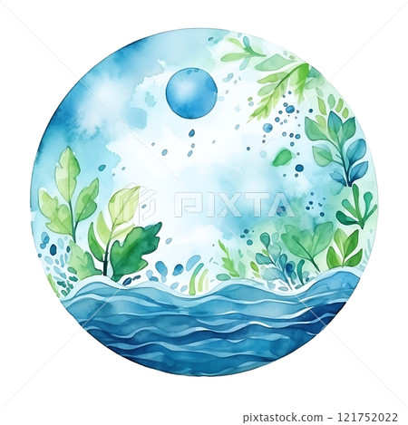 Watercolor painting celebrating world water day with lush green plants and blue water waves Watercolor painting celebrating world water day with lush green plants and blue water waves 121752022