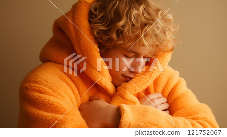 Young man wearing orange soft fleece feels cozy at home Young man wearing orange soft fleece feels cozy at home 121752067