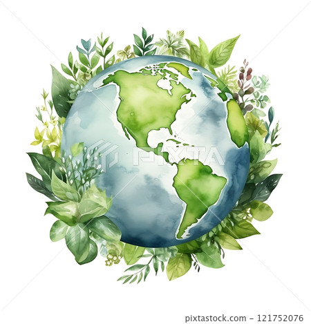 Watercolor earth surrounded by lush greenery and blooming flowers 121752076