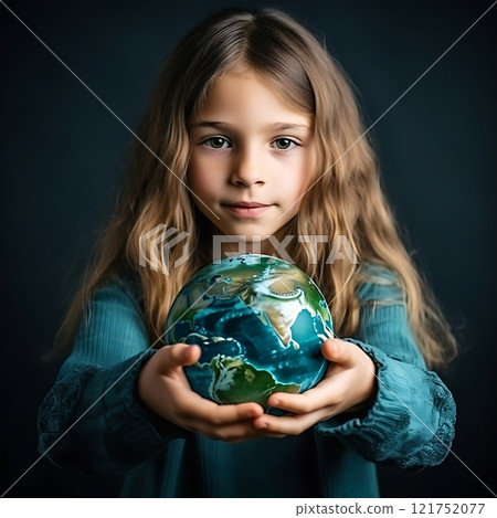 Smiling girl holding small globe promoting environmental awareness Smiling girl holding small globe promoting environmental awareness 121752077