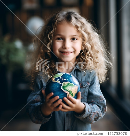 Smiling girl holding small globe promoting environmental awareness 121752078