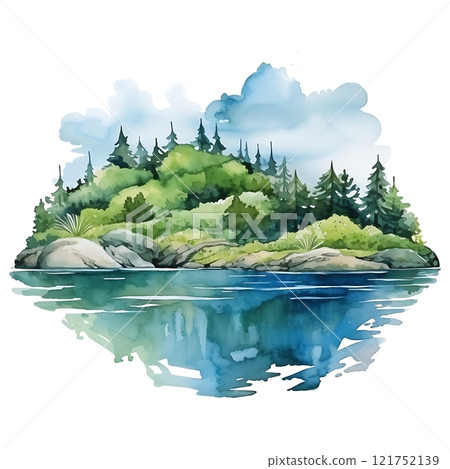 Lush green island reflecting on calm blue water in watercolor painting for world water day 121752139