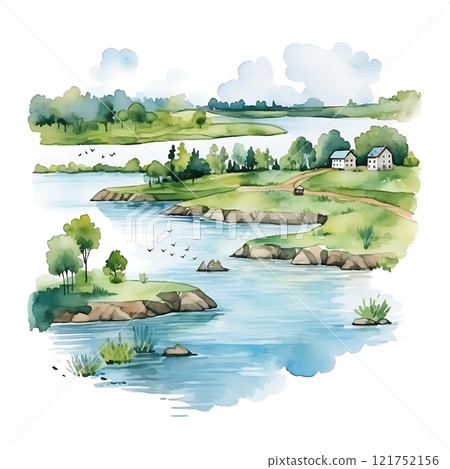 Meandering river flowing through green landscape, watercolor painting of nature 121752156