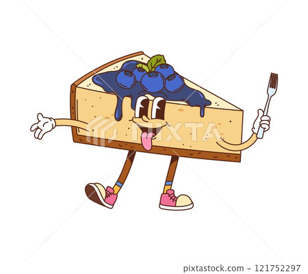 Retro hippie groovy cheesecake dessert character. Restaurant pastry cartoon isolated vector cheerful personage, dessert cheesecake with blueberries or takeaway sweet food groovy character holding fork Retro hippie groovy cheesecake dessert character. Restaurant pastry cartoon isolated vector cheerful personage, dessert cheesecake with blueberries or takeaway sweet food groovy character holding fork 121752297