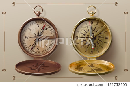Realistic nautical bronze and brass sea compass, wind rose and star arrows, vector vintage navigation equipment. 3d realistic old compasses with open lids, world map and fleur de lis ornaments 121752303