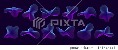 3D sound gradient line wave shapes of dynamic soundwave, abstract vector forms. 3D shapes of mesh grid line with neon gradient of pulsing energy flow or waveform wireframe for music or digital sound 121752331