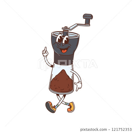 Retro groovy coffee grinder mill character for kitchenware and utensil, cartoon vector. Funny groovy coffee grinder or pepper mill with funky smile on face for kitchen utensil or kitchenware character 121752353
