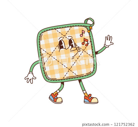 Groovy potholder retro character for funny kitchenware and utensil, cartoon vector. Funky groovy textile pot holder towel with funky face and whistling melody notes for kitchenware utensil character 121752362