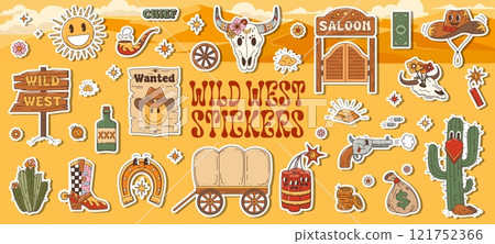 Wild West Western groovy characters stickers pack with funny characters, cartoon vector set. Wild West groovy stickers of cowboy saloon and longhorn skull, Western wanted smile, dynamite and horseshoe Wild West Western groovy characters stickers pack with funny characters, cartoon vector set. Wild West groovy stickers of cowboy saloon and longhorn skull, Western wanted smile, dynamite and horseshoe 121752366