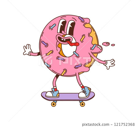Cartoon groovy fast food donut character on skate. Street cafe pastry meal funny mascot, takeaway sweets or restaurant dessert food groovy isolated vector personage. Donut with icing skating character Cartoon groovy fast food donut character on skate. Street cafe pastry meal funny mascot, takeaway sweets or restaurant dessert food groovy isolated vector personage. Donut with icing skating character 121752368