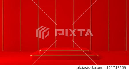Red podium with golden frames and borders. Vector 3d square stage, product display stand and pedestal on golden stripes wall background. Realistic modern geometric red podium, product presentation Red podium with golden frames and borders. Vector 3d square stage, product display stand and pedestal on golden stripes wall background. Realistic modern geometric red podium, product presentation 121752369