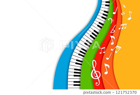 Paper cut piano music background for concert invitation or classic musical festival performance promo, featuring vibrant 3d vector papercut layered waves, musical notes, treble clef and piano keys Paper cut piano music background for concert invitation or classic musical festival performance promo, featuring vibrant 3d vector papercut layered waves, musical notes, treble clef and piano keys 121752370