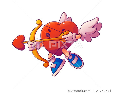 Cartoon groovy valentine day winged heart cupid character armed with a bow and heart shaped arrow, ready to spread love. Isolated vector cute kawaii retro personage radiates joy and romantic charm Cartoon groovy valentine day winged heart cupid character armed with a bow and heart shaped arrow, ready to spread love. Isolated vector cute kawaii retro personage radiates joy and romantic charm 121752371