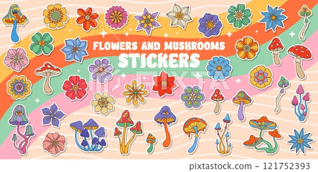 Stickers pack of groovy flowers and mushrooms. Vintage hippie abstract flowers, psychedelic mushrooms cartoon vector adhesive stickers. Groovy magic plants, colorful fungus and chamomile flowers 121752393