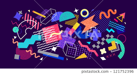 Abstract geometric memphis banner with modern graphic pattern. Vector circle, square and triangle geometric shapes with color line, dot and checkered pattern, crosses, waves and zigzag memphis banner Abstract geometric memphis banner with modern graphic pattern. Vector circle, square and triangle geometric shapes with color line, dot and checkered pattern, crosses, waves and zigzag memphis banner 121752396