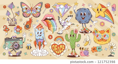70s 80s retro cartoon groovy characters and hippie symbols. Vector funny flower, butterfly, rainbow and butterfly, star and cat in sunglasses personages. Psychedelic peace symbol, daisy and puzzle 70s 80s retro cartoon groovy characters and hippie symbols. Vector funny flower, butterfly, rainbow and butterfly, star and cat in sunglasses personages. Psychedelic peace symbol, daisy and puzzle 121752398