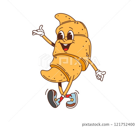 Cartoon groovy fast food croissant character. Takeaway dessert food funny character, restaurant sweet meal or cafe pastry happy groovy isolated vector personage. Fresh croissant cheerful mascot Cartoon groovy fast food croissant character. Takeaway dessert food funny character, restaurant sweet meal or cafe pastry happy groovy isolated vector personage. Fresh croissant cheerful mascot 121752400