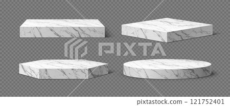 3d marble podium stages, product display platforms, pedestals or stands. Vector realistic gray marble podium mockups with square, circle and hexagon geometric shape bases at transparent background 121752401