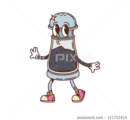 Retro groovy pepper shaker character of kitchenware utensil, cartoon vector. Groovy pepper shaker bottle with funny face and happy smile or freaky wow whistle for kitchen or cooking utensil character 121752414