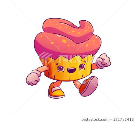 Cartoon groovy cupcake valentine day character. Isolated vector whimsical retro food personage, pink sweet muffin exudes funky y2k vibes, blending sweetness and hippie charm with a touch of nostalgia Cartoon groovy cupcake valentine day character. Isolated vector whimsical retro food personage, pink sweet muffin exudes funky y2k vibes, blending sweetness and hippie charm with a touch of nostalgia 121752418