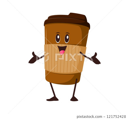 Cartoon groovy takeaway coffee drink cup character. Fast food takeaway tea cheerful 60s 70s funky vector character. Cafe takeout coffee drink funny mascot or hot latte paper cup cheerful personage 121752428