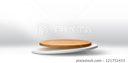 Wooden and white round podium stage or showcase for product display, vector pedestal. Realistic wooden podium stage and white round platform levitating in air for showroom display and showcase mock up 121752433