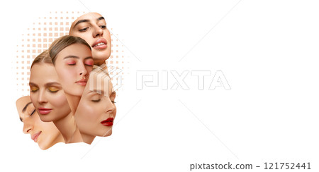 Collage. Women with closed eyes, wearing bright makeup in yellow, pink, and red tones, symbolizing diversity and natural beauty against white background. Collage. Women with closed eyes, wearing bright makeup in yellow, pink, and red tones, symbolizing diversity and natural beauty against white background. 121752441