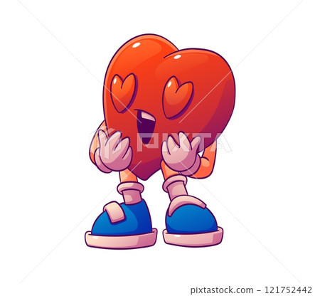 Cartoon retro groovy red heart valentine day character with heart shaped eye pupils and open mouth exudes love, passion and affection emotions. Isolated vector vintage personage fall in love Cartoon retro groovy red heart valentine day character with heart shaped eye pupils and open mouth exudes love, passion and affection emotions. Isolated vector vintage personage fall in love 121752442
