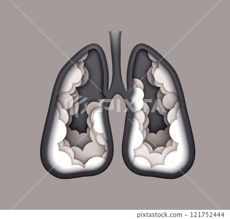 Paper cut lungs with cigarette smoke for stop smoking and tobacco disease, vector poster. Unhealthy lungs with cigarette smoke in paper cut for medical infographic or stop tobacco and health poster 121752444
