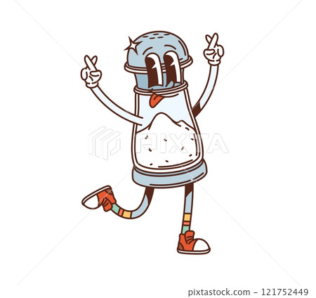 Groovy salt shaker retro cartoon character or kitchenware utensil, comic vector. Funny groovy salt shaker bottle with funky face and tongue out smile for kitchen utensils and kitchenware character Groovy salt shaker retro cartoon character or kitchenware utensil, comic vector. Funny groovy salt shaker bottle with funky face and tongue out smile for kitchen utensils and kitchenware character 121752449