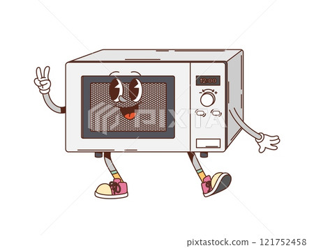 Retro groovy microwave oven cartoon character for kitchenware utensil, vector funny appliance character. Groovy microwave oven with happy smile and hippie peace gesture for kitchen appliance character Retro groovy microwave oven cartoon character for kitchenware utensil, vector funny appliance character. Groovy microwave oven with happy smile and hippie peace gesture for kitchen appliance character 121752458