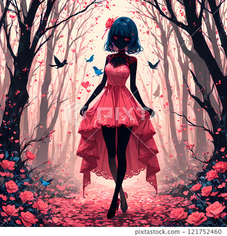 A black girl and a blue bird visit a pink forest. A Valentine's Day-themed AI art in the style of a shadow puppet. 121752460