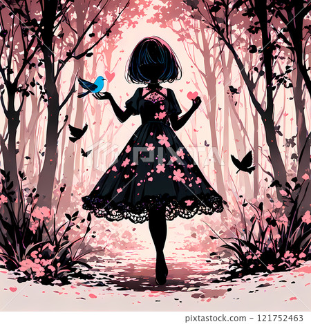 A black girl and a blue bird visit a pink forest. A Valentine's Day-themed AI art in the style of a shadow puppet. 121752463