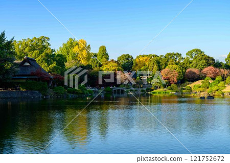 A beautiful Japanese garden with autumn leaves against the backdrop of clear autumn skies. Suizenji Jojuen Garden (Suizenji Park) A beautiful Japanese garden with autumn leaves against the backdrop of clear autumn skies. Suizenji Jojuen Garden (Suizenji Park) 121752672