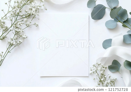 Styled stock photo. Feminine wedding desktop stationery mockup with blank greeting card, baby's breath Gypsophila flowers, dry green eucalyptus leaves, satin ribbon and white background. Empty space. 121752728