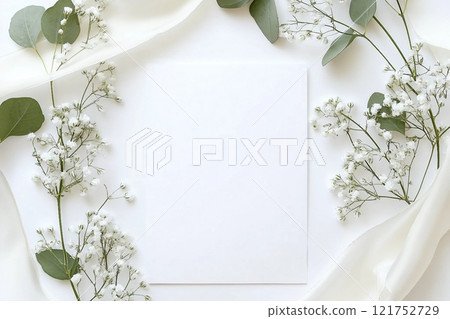 Styled stock photo. Feminine wedding desktop stationery mockup with blank greeting card, baby's breath Gypsophila flowers, dry green eucalyptus leaves, satin ribbon and white background. Empty space. 121752729