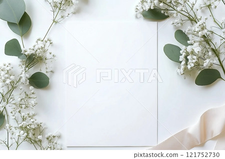 Styled stock photo. Feminine wedding desktop stationery mockup with blank greeting card, baby's breath Gypsophila flowers, dry green eucalyptus leaves, satin ribbon and white background. Empty space. Styled stock photo. Feminine wedding desktop stationery mockup with blank greeting card, baby's breath Gypsophila flowers, dry green eucalyptus leaves, satin ribbon and white background. Empty space. 121752730