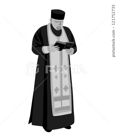 A religious leader stands, focused on scripture while dressed in ceremonial garments. A religious leader stands, focused on scripture while dressed in ceremonial garments. 121752735