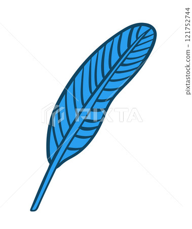Bright blue bird feather lies on a white background, showcasing its intricate details and texture. Bright blue bird feather lies on a white background, showcasing its intricate details and texture. 121752744