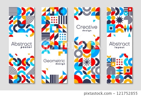 Vertical banners with abstract modern geometric pattern borders. Creative line art vector graphic shapes of color circles, triangles and squares on white background. Minimal geometric mosaic banners Vertical banners with abstract modern geometric pattern borders. Creative line art vector graphic shapes of color circles, triangles and squares on white background. Minimal geometric mosaic banners 121752855