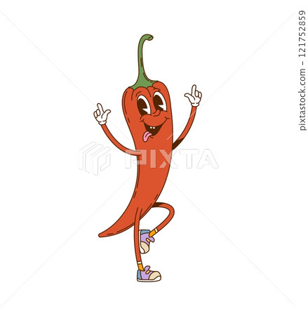 Cartoon chili pepper vegetable groovy character. Farm whole veggie 60s 70s cute personage, mexican food hot seasoning groovy isolated vector mascot. Chilli pepper vegetable cartoon cheerful character 121752859