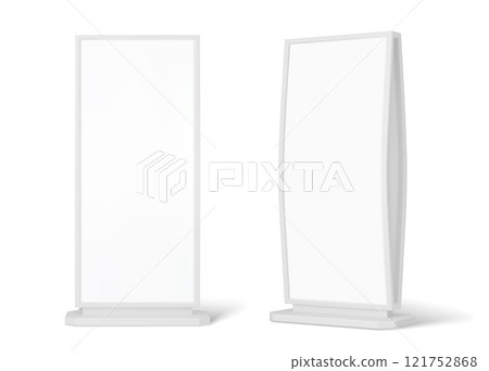 Realistic curved billboard stand display mockup for outdoor advertising, vector lightbox. Isolated white vertical advertise billboard with curved display for information board or retail stand mock up 121752868
