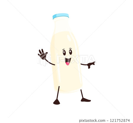 Groovy cartoon milk drink bottle funny character. Fresh dairy product glass container cartoon isolated vector cute mascot. Yogurt, cream or whole milk bottle happy smiling groovy character waving hand Groovy cartoon milk drink bottle funny character. Fresh dairy product glass container cartoon isolated vector cute mascot. Yogurt, cream or whole milk bottle happy smiling groovy character waving hand 121752874