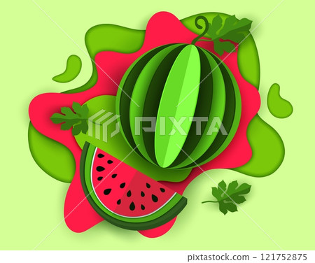 Paper cut watermelon fruit juice with splashes for drink product package, vector background. Whole and half slice watermelon in paper cut layers of splashing drops for juice drink or beverage package 121752875