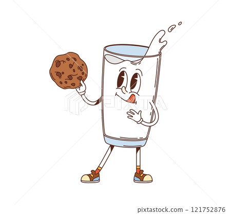Groovy cartoon milk glass with cookie character. Natural whole milk beverage 60s 70s cartoon isolated vector character. Healthy nutrition milkshake drink cute mascot. Dairy product glass personage Groovy cartoon milk glass with cookie character. Natural whole milk beverage 60s 70s cartoon isolated vector character. Healthy nutrition milkshake drink cute mascot. Dairy product glass personage 121752876