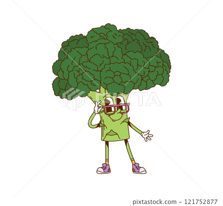 Cartoon broccoli vegetable groovy character. Farming market healthy broccoli vegetable happy mascot. Veggie cartoon isolated vector character in glasses or vegetarian food product groovy personage Cartoon broccoli vegetable groovy character. Farming market healthy broccoli vegetable happy mascot. Veggie cartoon isolated vector character in glasses or vegetarian food product groovy personage 121752877