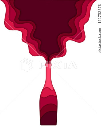Paper cut red wine bottle with fluid waves. 3d vector layered papercut liquid flow of dark ruby colored splash of wine, emanating from the glass flask opening, create a dynamic and elegant effect Paper cut red wine bottle with fluid waves. 3d vector layered papercut liquid flow of dark ruby colored splash of wine, emanating from the glass flask opening, create a dynamic and elegant effect 121752878