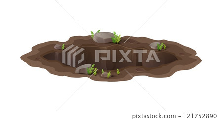 Dirty pit and burrow, cartoon deep ground hole amidst a natural landscape. Isolated vector gap with scattered stones, sprouting grass and textured soil that evoke the mysteries of underground habitats 121752890