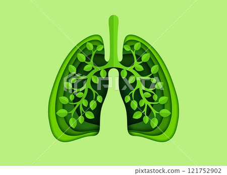 Paper cut lungs with green leaves tree for clean breath and nature protection, vector background. World lung day for health or save earth concept, paper cut green leaves in lungs for planet ecology Paper cut lungs with green leaves tree for clean breath and nature protection, vector background. World lung day for health or save earth concept, paper cut green leaves in lungs for planet ecology 121752902