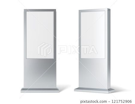 3D retail advertise information stand display mockup or lightbox, realistic vector. Retail information stand in frame, outdoor advertising light box or display billboard mock up of POS promotion board 121752906